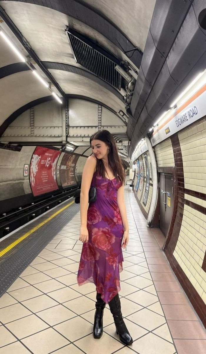 Purple Floral Midi Dress with Black Boots