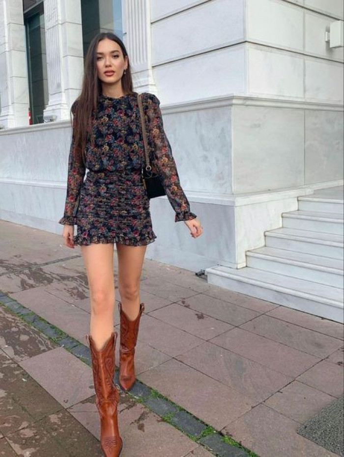 Floral Black Mini Dress with Brown Boots