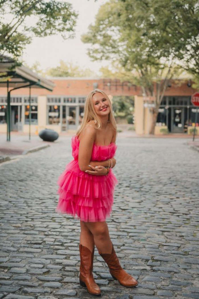 Pink Tulle Strapless Dress with Brown Boots