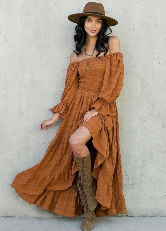 Off-Shoulder Maxi Dress with Brown Boots