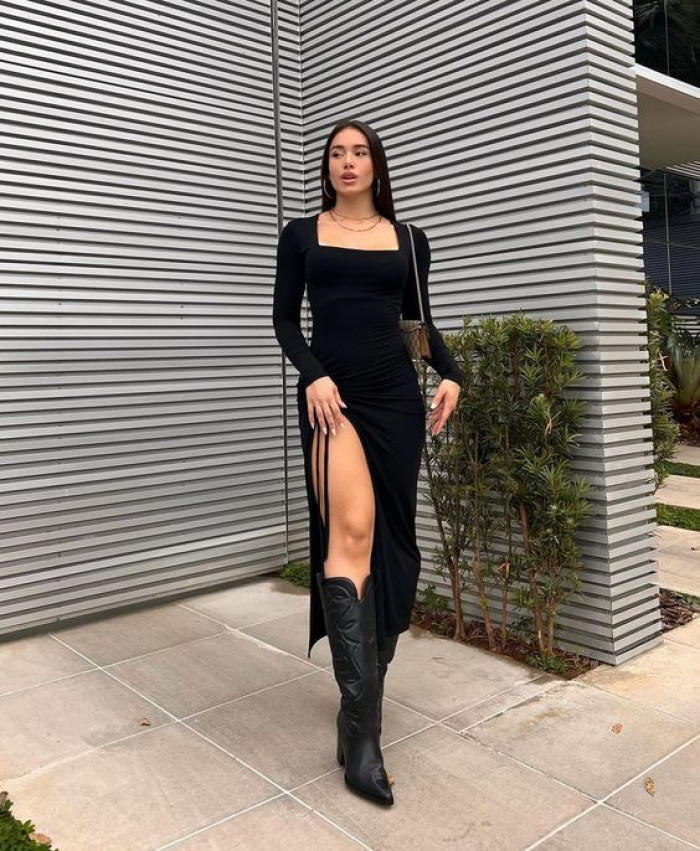 Black Long-Sleeve Dress with Thigh Slit