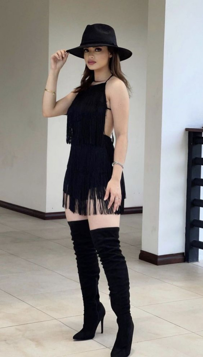 Black Fringe Mini Dress with Over-the-Knee Boots