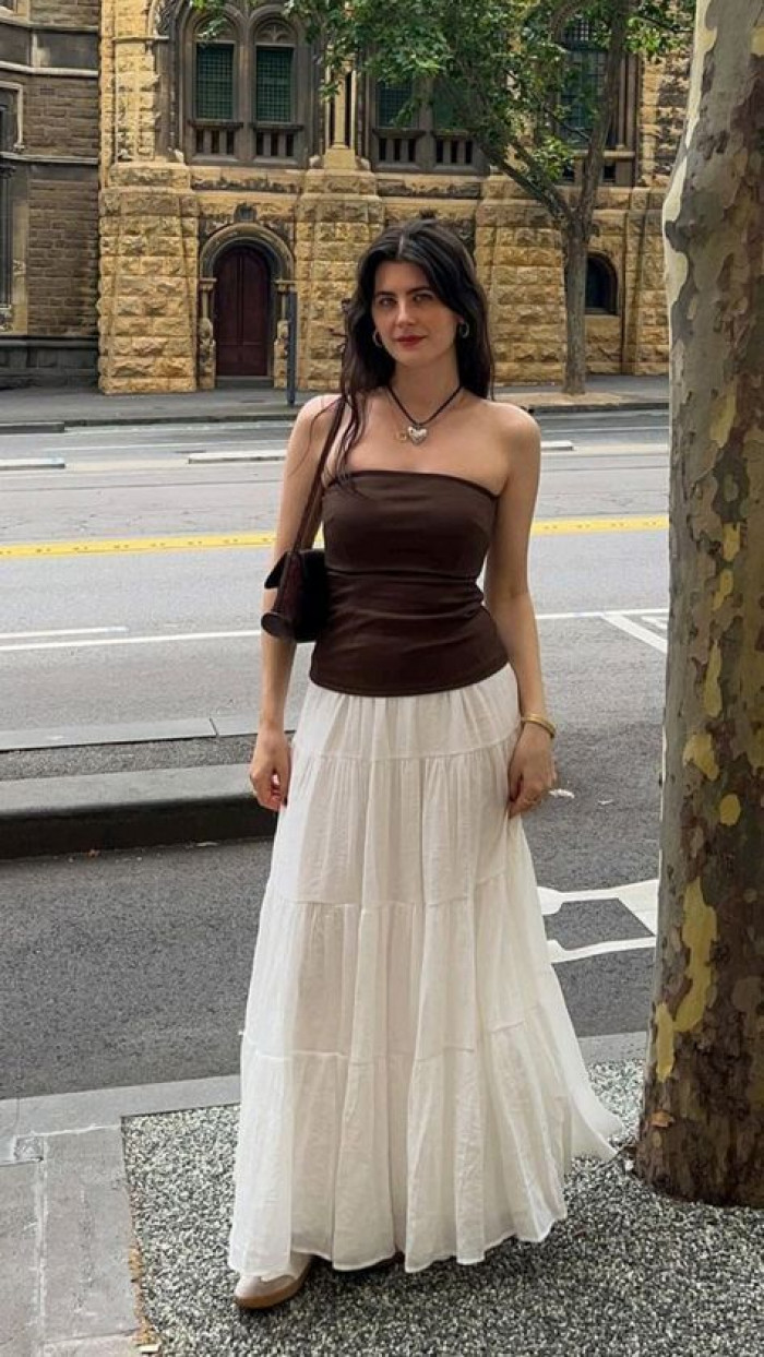 Brown Tube Top with Flowing White Maxi Skirt