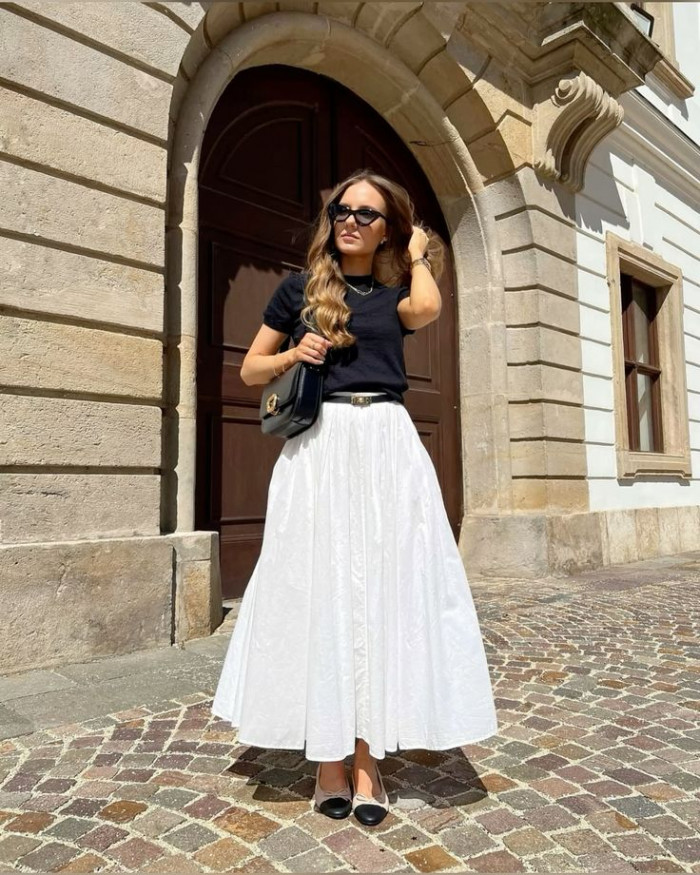 Black Top with White Maxi Skirt