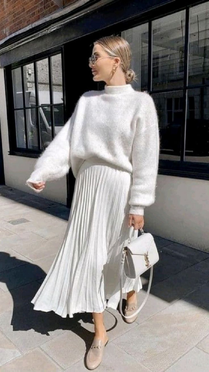 White Sweater and Pleated Skirt