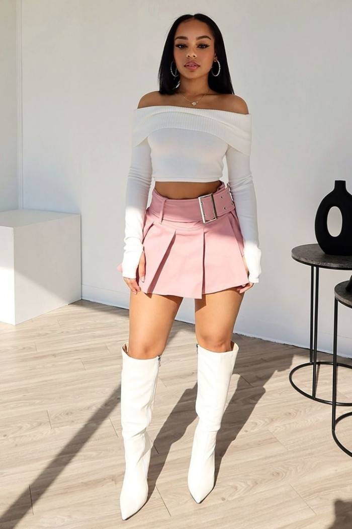 Pink Skirt and White Boots