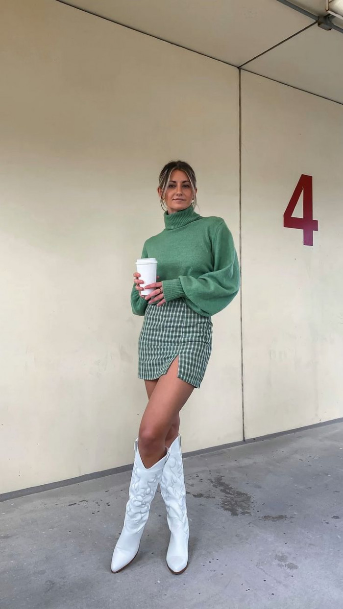 Plaid Mini Skirt and White Boots