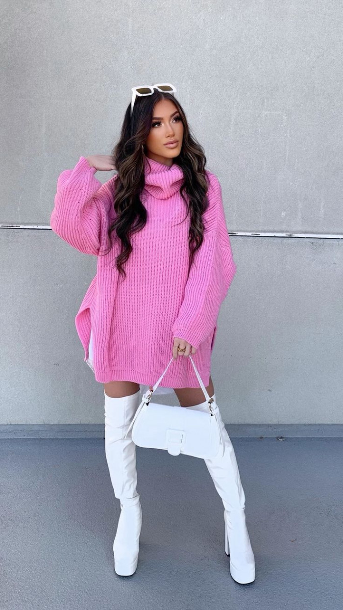 Pink Sweater Dress with White Boots