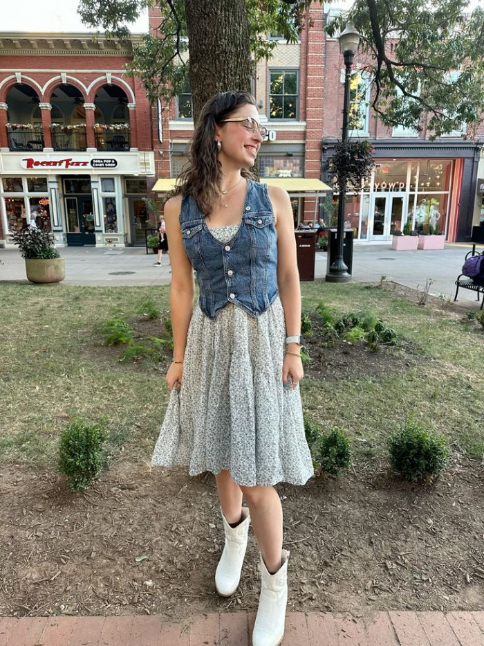 Floral Dress with Denim Vest and White Boots