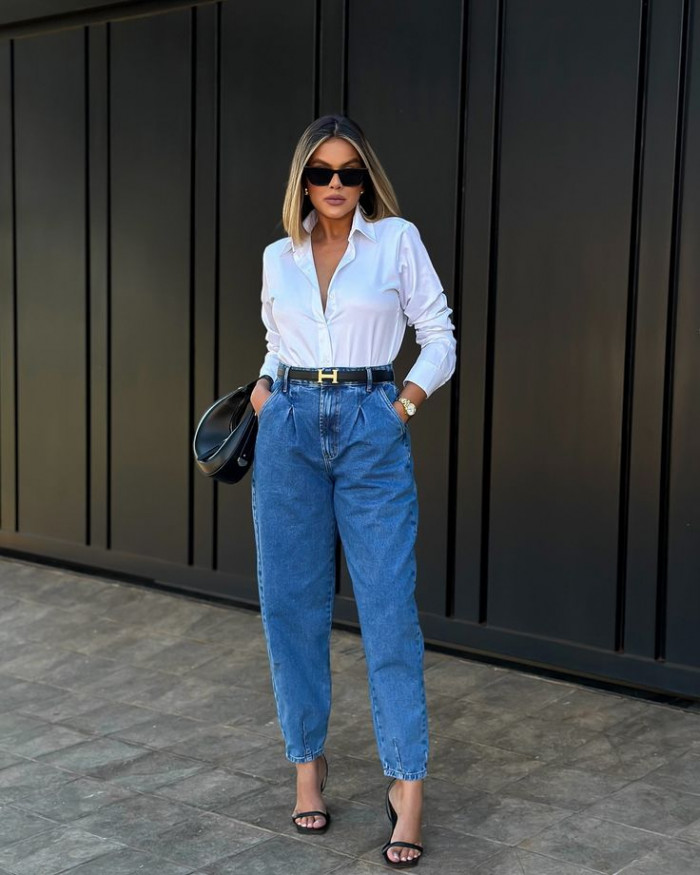 White Button-Up Shirt with High-Waisted Jeans