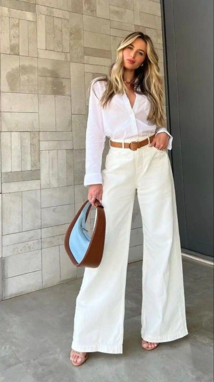 White Shirt and Wide-Leg Pants