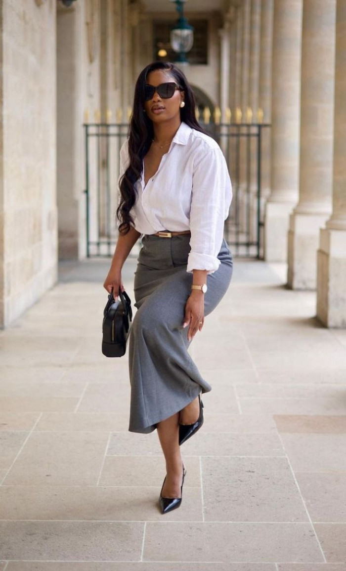 White Button-Up with Gray Midi Skirt