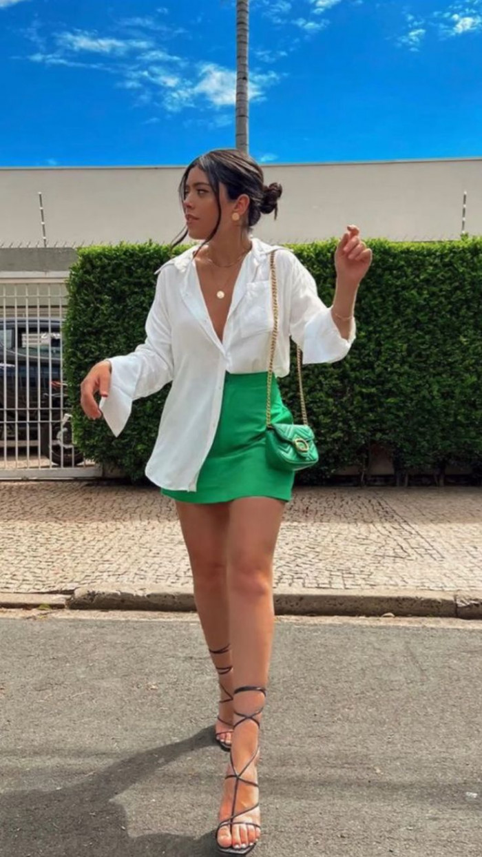 White Button-Down Shirt with Green Mini Skirt