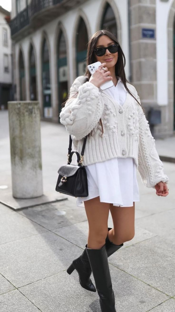 White Shirt Dress with Chunky Knit Cardigan